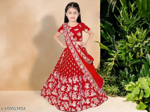 Soft silk kids' lehenga choli, adorned with intricate embellishments and embroidery. Available in various sizes, from 2-3 years to 14-15 years. Perfect for special occasions like weddings or festivities. Indian ethnic wear for children