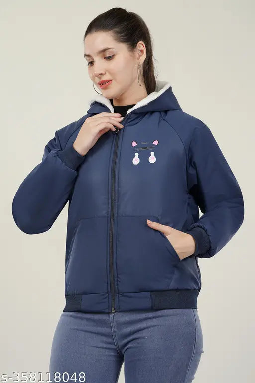 Nylon puffer jacket with fur hoodie and cross pocket, women's long sleeves in printed net pattern