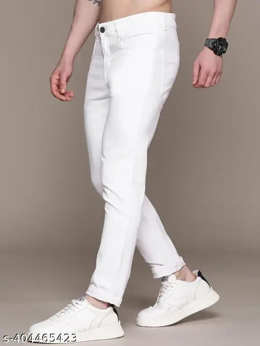 Men's cotton blend slim fit white jeans, timeless style and comfort for everyday wear #WhiteJeans #SlimFitJeans #MenFashion #CasualStyle #TrendyJeans #StreetStyle #FashionEssentials #VersatileFashion #SummerFashion. Sizes: 28 (34x39), 30 (36x39), 32 (38x39), 34 (40x39), 36 (44x39). Made in India