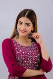 Purple embroidered viscose rayon women's kurta with v-neck and long sleeves