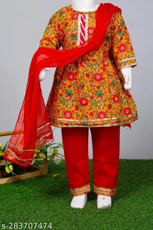 Cotton Kurti Pant with dupatta, printed straight trousers for kids aged 12 months to 6 years. Indian clothing style