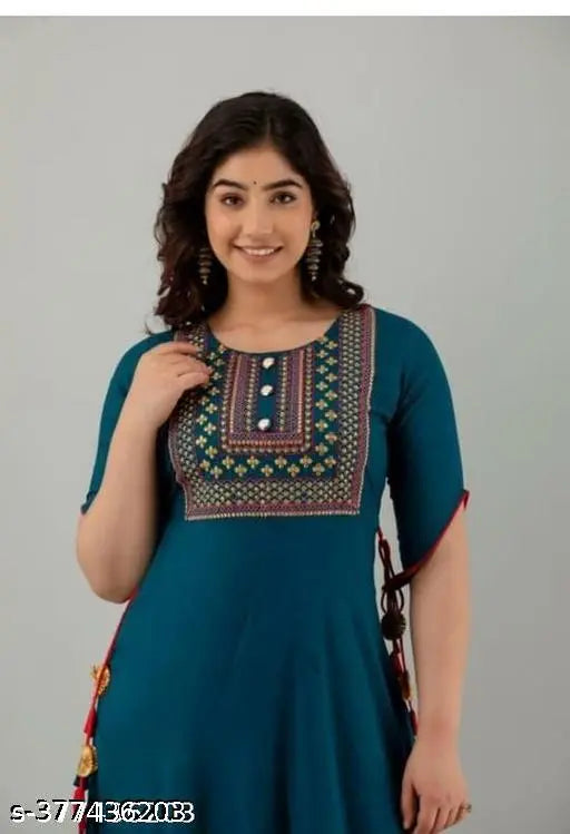 Solid Rayon tassel long flared kurti, three-quarter sleeves, single size M (bust 38in), fashionable Indian apparel