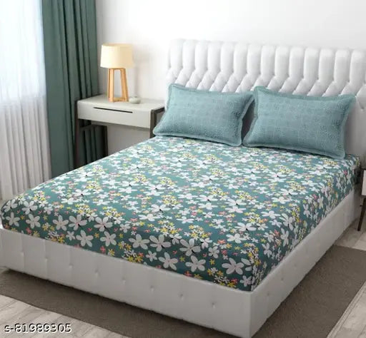 Premium cotton blend, superfine king-sized fitted bedsheet with 2 pillow covers, fits 10" mattress - NeLeo for comfortable AC room sleep