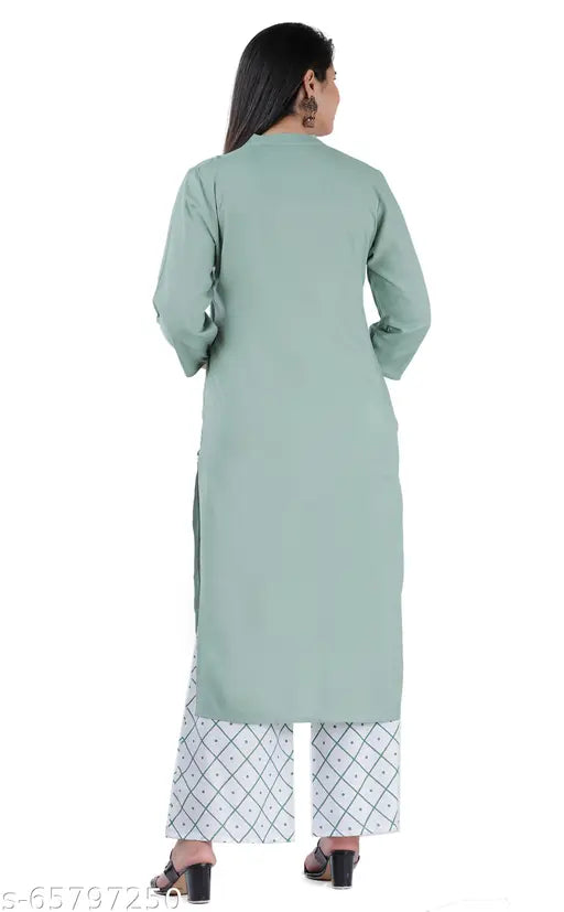 Rayon one-side embroidered Pista color kurta with palazzo set, embellished net pattern on display