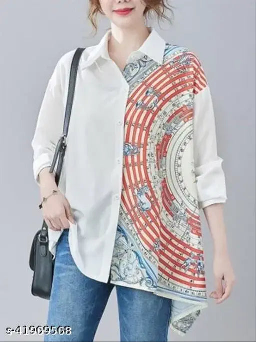 Comfy nylon long-sleeve printed shirt, women's style with collar and full sleeves, soft & smooth crepe fabric, India origin