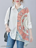 Comfy nylon long-sleeve printed shirt, women's style with collar and full sleeves, soft & smooth crepe fabric, India origin