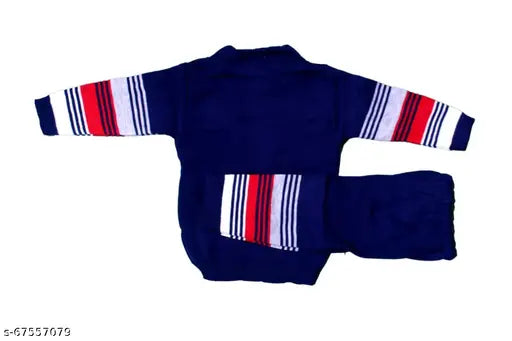 Dark blue woolen winter suit set for infants: 1 pejama & 1 t-shirt sweater, printed net pattern, machine washable