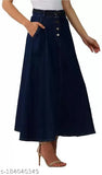 Blue stretch denim midi skirt with side pockets, perfect for western style, suitable for all seasons