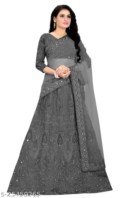 Indian embroidered taffeta satin silk lehenga, semi-stitched (waist 46 in, length 50 in), featuring round neck, short sleeves, stone work, and zari border. Wear for any occasion