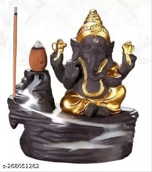 Black and gold Ganesh incense holder with 10 cones, decorative smoke backflow incense showpiece