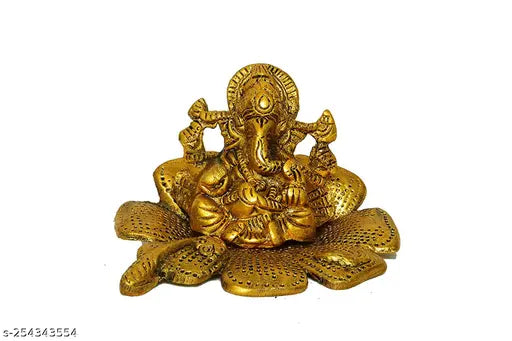 Metal Ganesha Idol Sitting on Gudhal Flower - Golden Room Decoration, 13 cm x 13 cm x 13 cm
