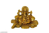 Metal Ganesha Idol Sitting on Gudhal Flower - Golden Room Decoration, 13 cm x 13 cm x 13 cm