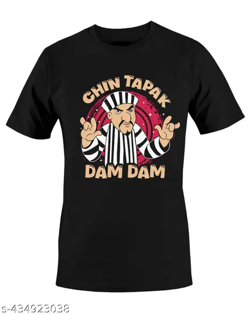 Black cotton blend round neck T-shirt with Chin Tapak Dam Dam print, suitable for daily wear. Made in India