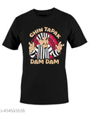 Black cotton blend round neck T-shirt with Chin Tapak Dam Dam print, suitable for daily wear. Made in India
