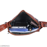 A brown leather bag with a zip closure, featuring a wallet, cell phone, and multiple card slots