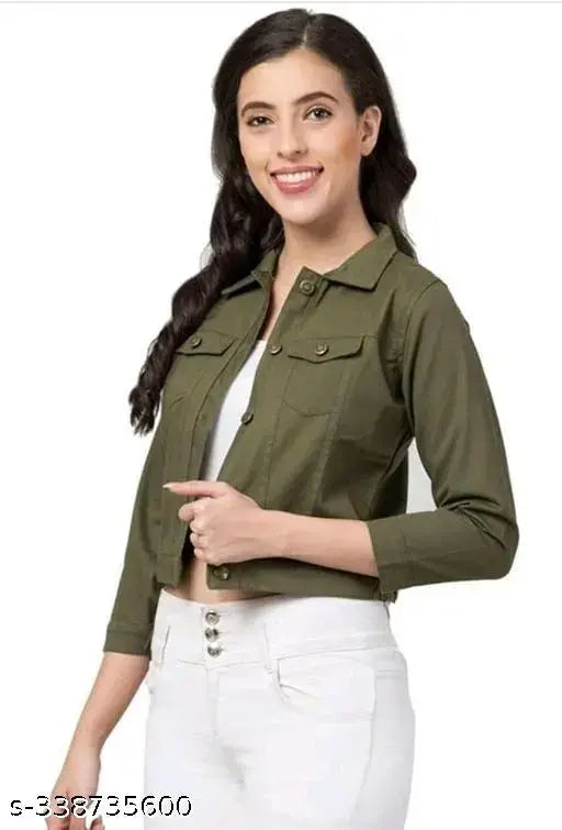 Olive denim three-quarter sleeve waistcoat for women, stylish full sleeves solid jacket with metallic buttons