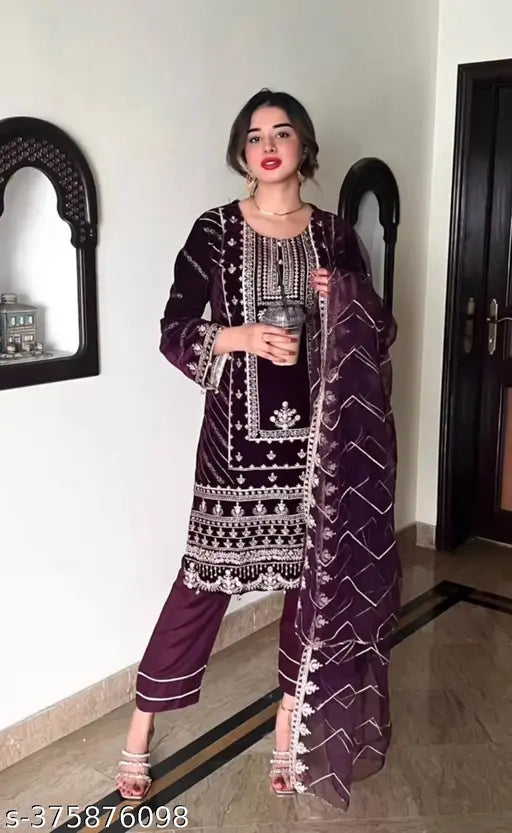 Viscos velvet with sequenced embroidery work suit - cotton silk kurta with dupatta and bottomwear, three-quarter sleeves, M size (38" bust, 14" shoulder), Indian origin