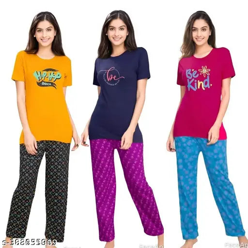 Printed cotton women's nightdress with short sleeves, featuring a relaxed t-shirt style top and pyjama bottoms, available in sizes S-XXL from India