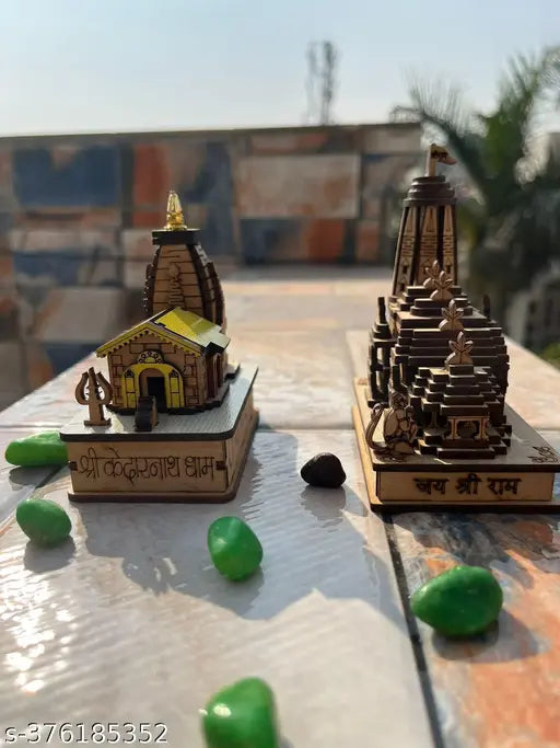 3D models of religious sites: Kedarnath, Shri Ram, Shiv Mahadev, and Ram Mandir. Wooden construction with intricate details