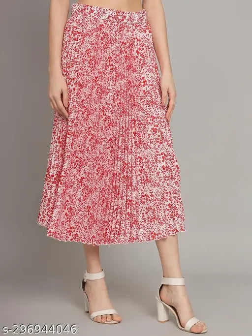 Mid-length stretchy skirt, floral pattern, pleats, classic design