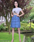 Trendy blue denim high rise stretchable knee length skirt for women