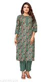 Printed cotton blend kurta set with matching pants, three-quarter sleeves, Indian ethnic wear