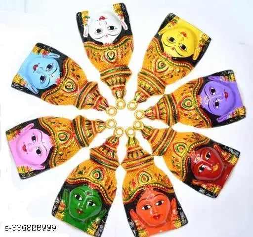 High-quality metal Ashtalakshmi Devi face set of 8, each 6.5 inches tall - Hindu goddess of wealth symbolizing prosperity