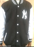 Black and white varsity baseball jacket with zipper