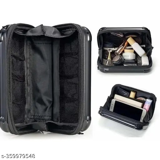 Black mesh material, open case with contents visible, zip closure