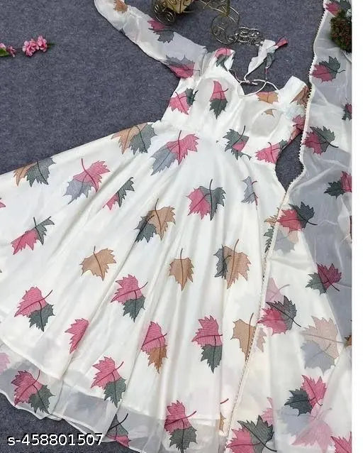 Trendy white sheer petite kurti with leaf pattern