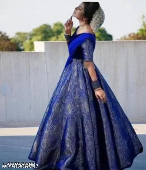 Velvet stitched Banarasi silk Anarkali gown with embellished dupatta set, short sleeves on fashion mannequin