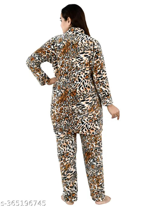 Orange woolen winter kambal pajama set for women, long-sleeve collared nightwear with floral design. Hand wash only