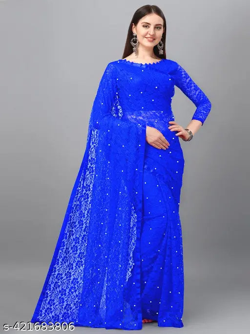 Embellished ensemble saree set, net fabric with matching running blouse, Indian traditional wear (5.5m saree, 0.8m blouse)