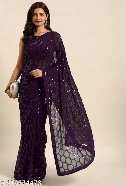 Purple Georgette saree with sequined detailing, suitable for women's formal wear