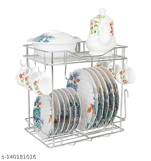 White and blue floral dish rack with 4 shelves and hooks, containing various plates and a teapot