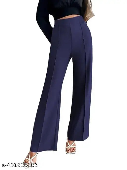 Dark blue bell bottom trousers with a visible elastic waistband and zip fly, women's fashion