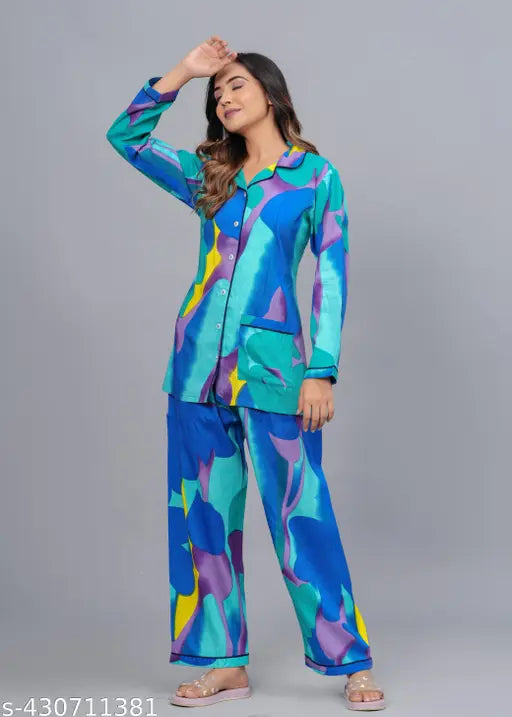 New look women's viscose rayon night suit set, printed with a net pattern, available in M-5XL sizes