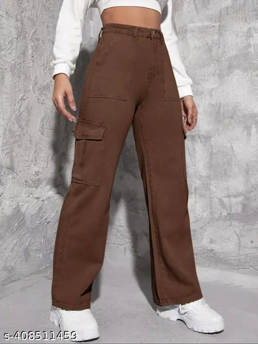 Brown denim cargo pants with wide legs