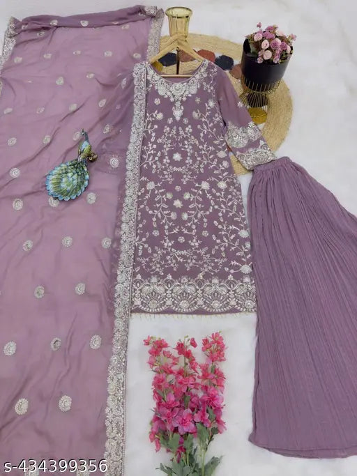 Heavy purple chiffon sharara with matching gharara and dupatta for women, detailed embroidery on bodice and sleeves