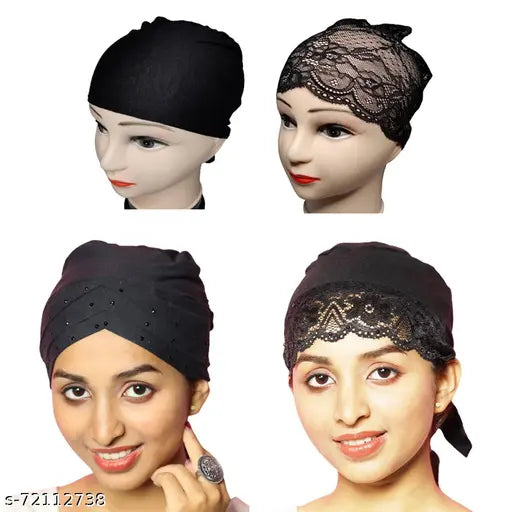 Black lace hijab cap, pack of 4