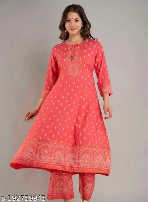 Rayon printed Anarkali kurti set with pants and dupatta, three-quarter sleeves, ideal for traditional festivals and casual events. Indian designer ethnic wear, high-grade rayon fabric." (125 characters)