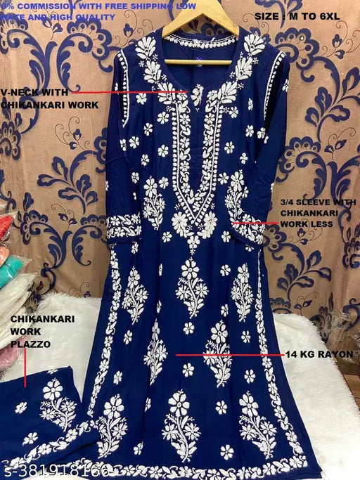 Rayon Chikankari-embroidered Kurti & Palazzos set, three-quarter sleeves. Handcrafted Indian traditional clothing on hanger