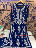 Rayon Chikankari-embroidered Kurti & Palazzos set, three-quarter sleeves. Handcrafted Indian traditional clothing on hanger