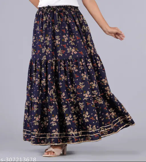 Flower Booti printed rayon long skirt in various sizes from 24-42 inches for women, Indian-made fashion skirt on display