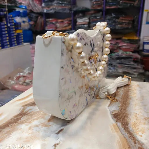 Marble wave handle sling bag, white marble pattern, gold chain straps, women's fashion accessory