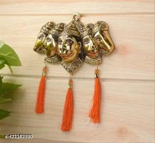 Metal Panchmukhi Hanuman Ji Murti, 18cm x 15cm x 5cm, India-origin spiritual showpiece for door entrance wall hanging