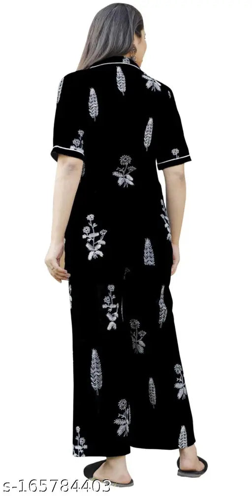 Black printed night suit for girls & women, premium quality rayon top with cotton bottom, short sleeves, stylish print design, elegant sleepwear from India