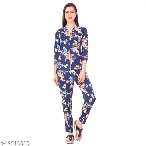 Mysaa women's cotton printed night suit set: rayon slub shirt & pyjama with three-quarter sleeves