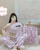 Printed cotton blend summer nightsuit set with t-shirt and pyjama bottoms featuring short sleeves, available in XL (top bust size 42in, top length size 25in, bottom waist size 38in, bottom length size 36in) and XXL (top bust size 44in, top length size 25in, bottom waist size 40in, bottom length size 36in), originating from India