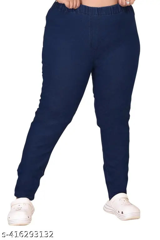 Blue plus-size denim jeggings with premium quality, 40" length, Lycra stretch. Comfortable fit for sizes 2xl to 9xl, made in India